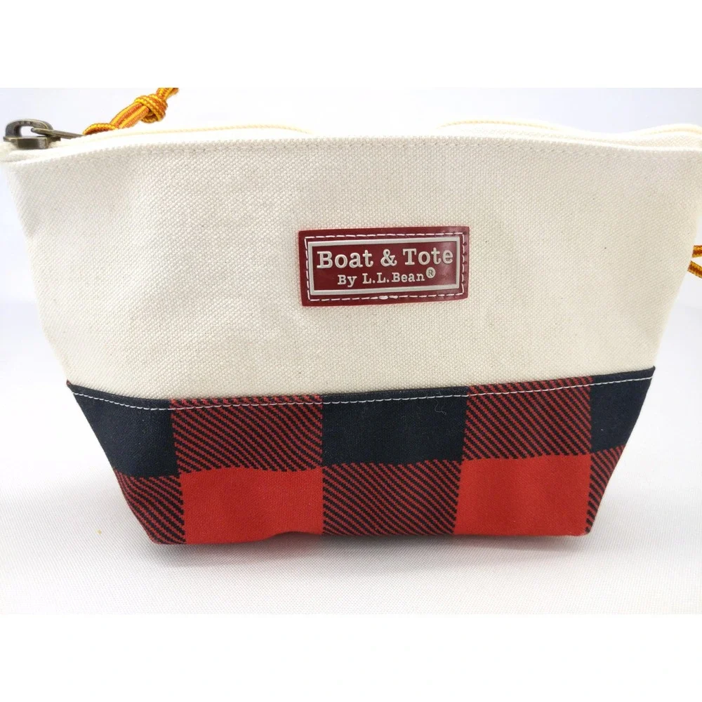 LL Bean Boat & Tote Pouch Cream Red Buffalo Plaid Canvas Zip Bag 509602
